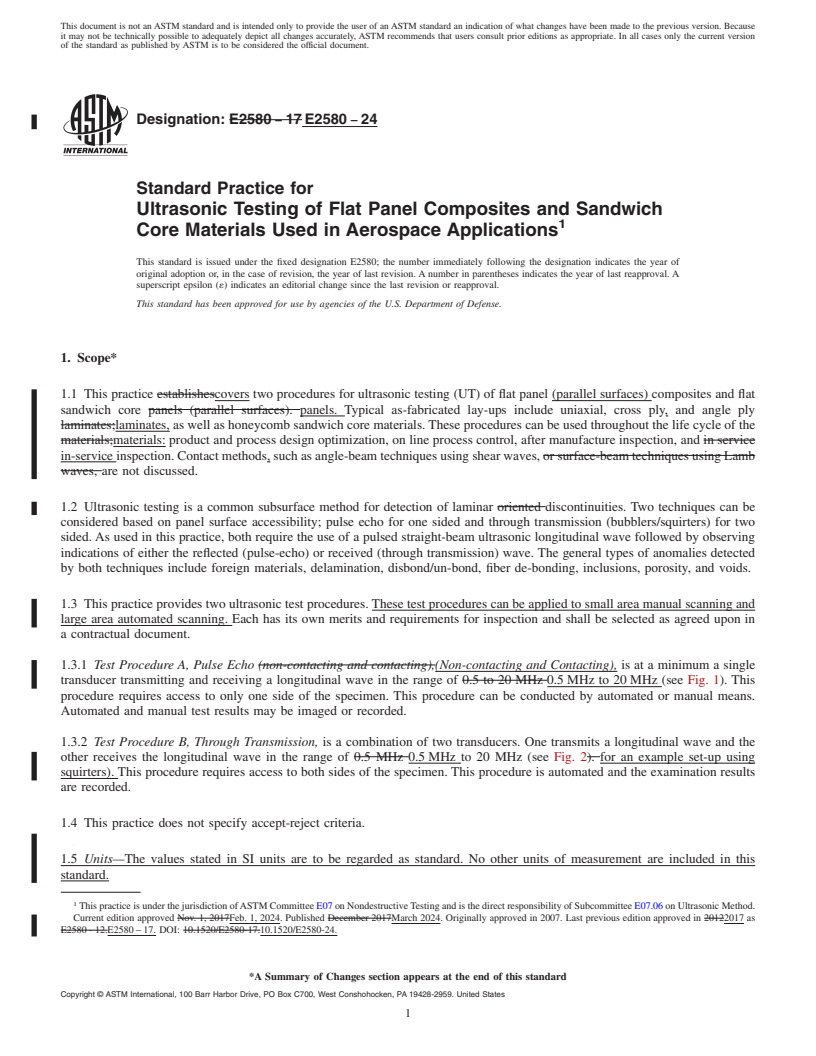 REDLINE ASTM E2580-24 - Standard Practice for  Ultrasonic Testing of Flat Panel Composites and Sandwich Core  Materials Used in Aerospace Applications
