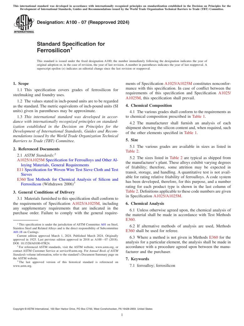 ASTM A100-07(2024) - Standard Specification for  Ferrosilicon