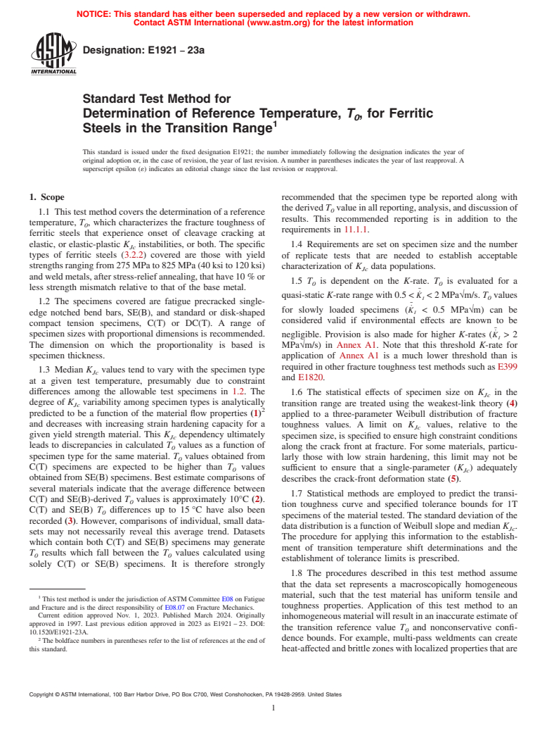 ASTM E1921-23a - Standard Test Method for  Determination of Reference Temperature, <emph type="bdit">T<inf  >0</inf></emph>,  for Ferritic Steels in the Transition Range