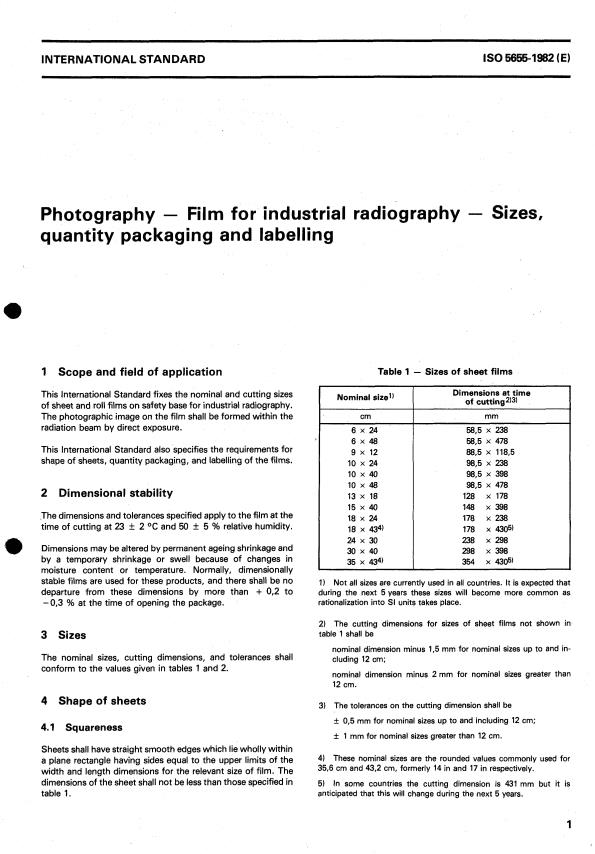 ISO 5655:1982 - Photography -- Film for industrial radiography -- Sizes, quantity packaging and labelling