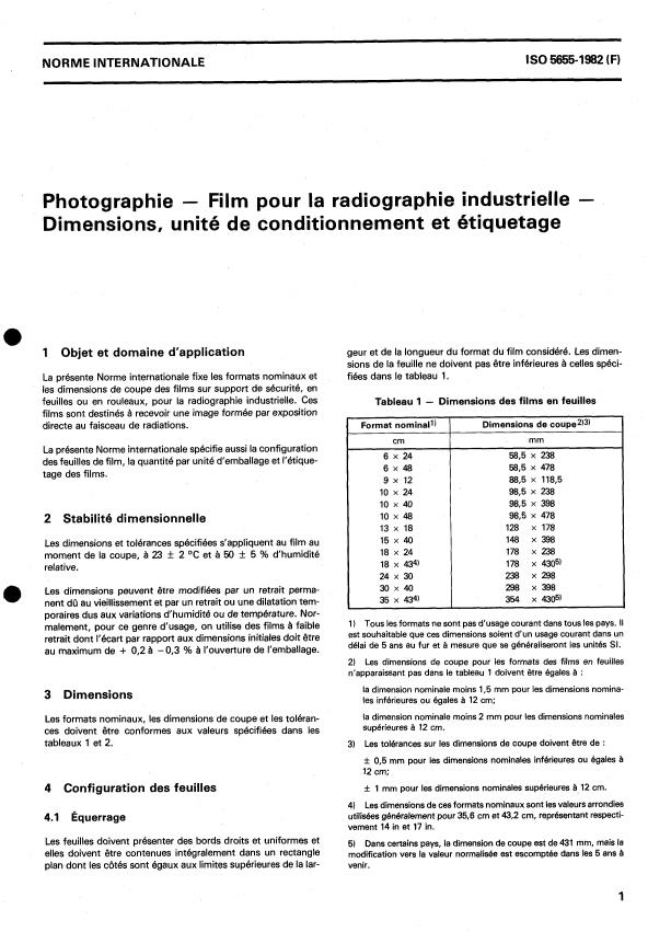 ISO 5655:1982 - Photographie -- Film pour la radiographie industrielle -- Dimensions, unité de conditionnement et étiquetage