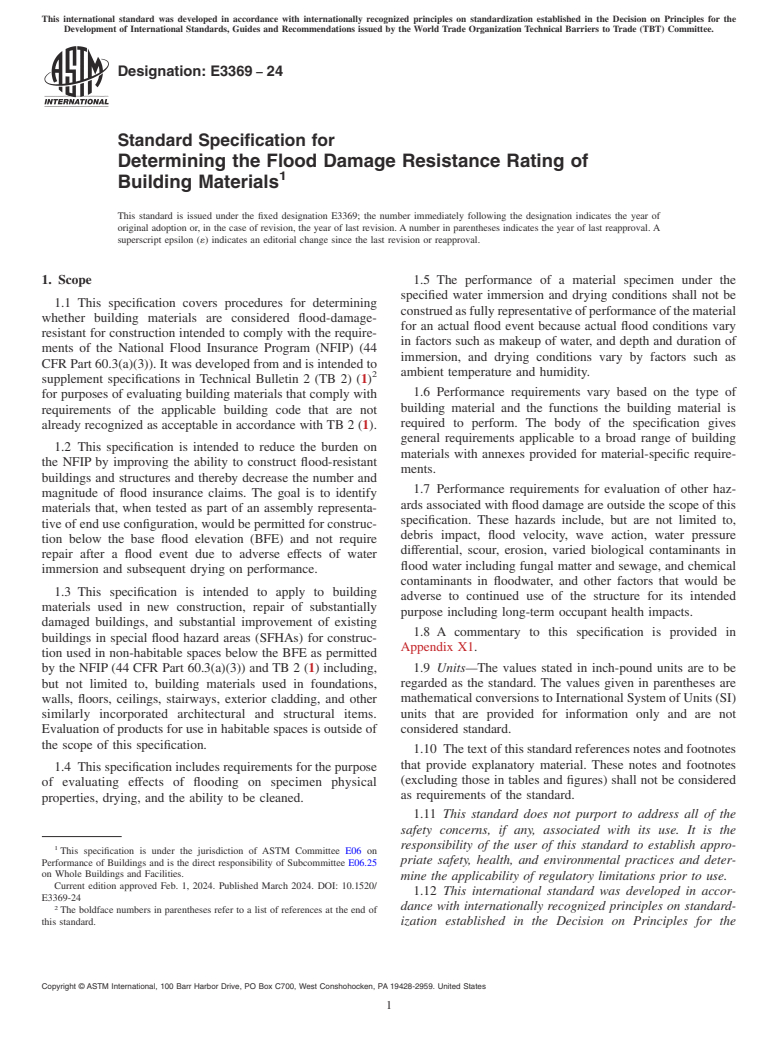 ASTM E3369-24 - Standard Specification for Determining the Flood Damage Resistance Rating of Building  Materials