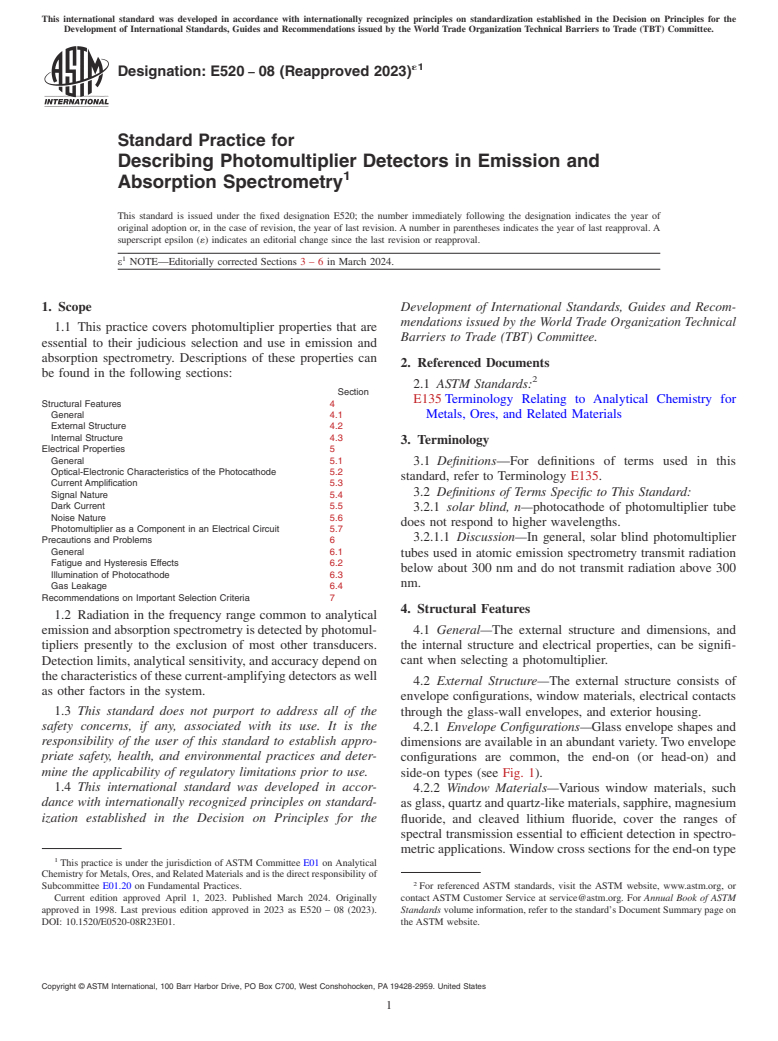 ASTM E520-08(2023)e1 - Standard Practice for  Describing Photomultiplier Detectors in Emission and Absorption  Spectrometry