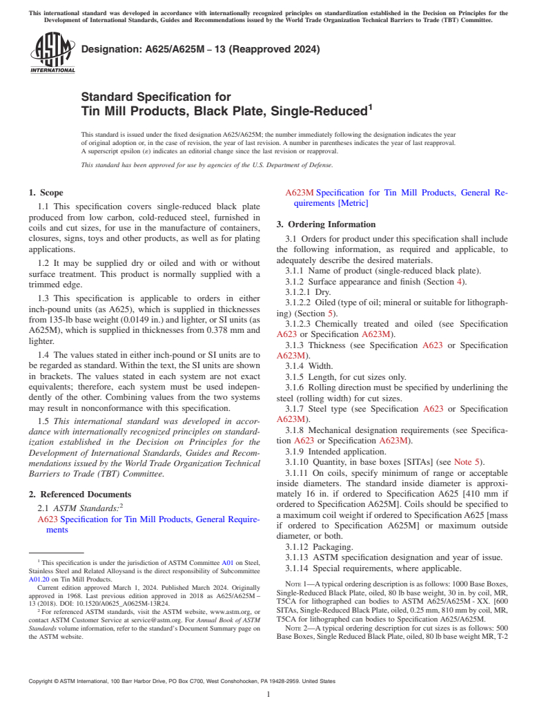 ASTM A625/A625M-13(2024) - Standard Specification for  Tin Mill Products, Black Plate, Single-Reduced