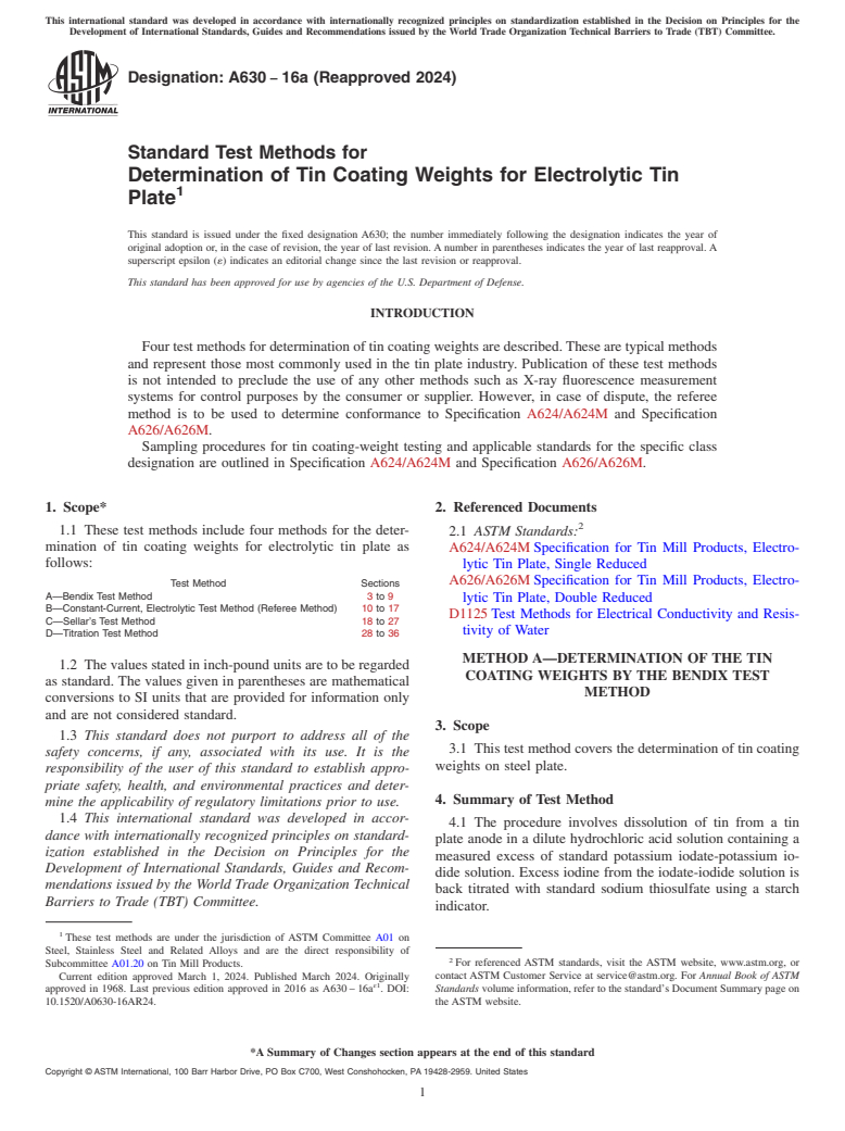 ASTM A630-16a(2024) - Standard Test Methods for  Determination of Tin Coating Weights for Electrolytic Tin Plate