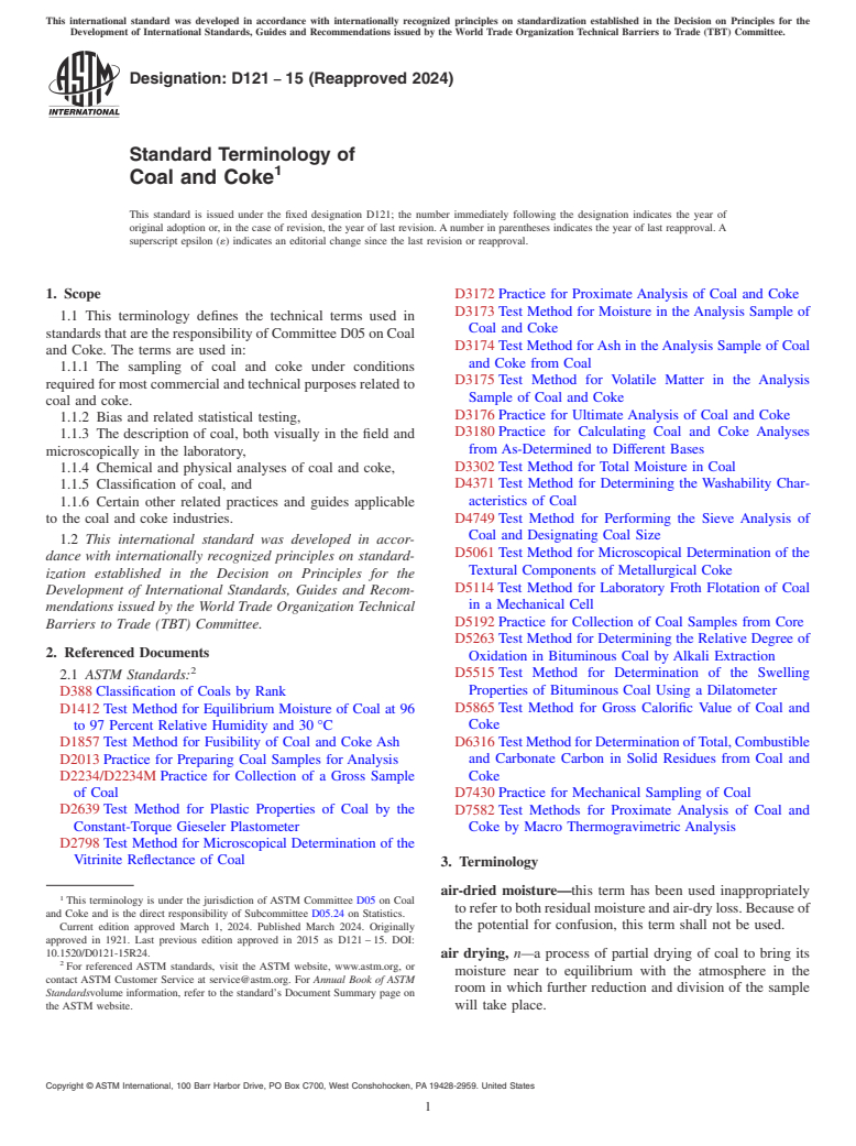 ASTM D121-15(2024) - Standard Terminology of  Coal and Coke