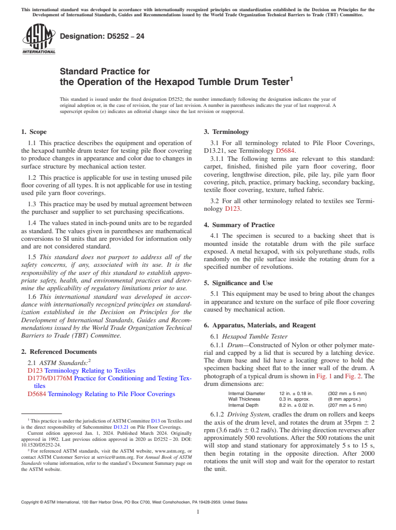 ASTM D5252-24 - Standard Practice for  the Operation of the Hexapod Tumble Drum Tester