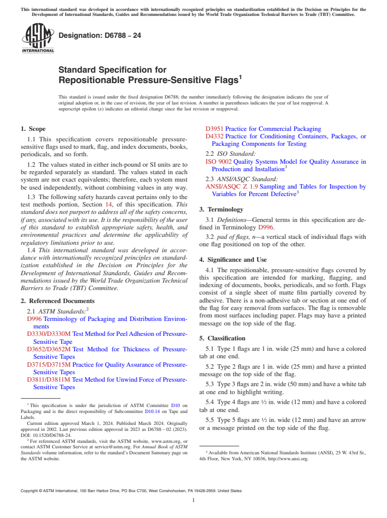 ASTM D6788-24 - Standard Specification for  Repositionable Pressure-Sensitive Flags