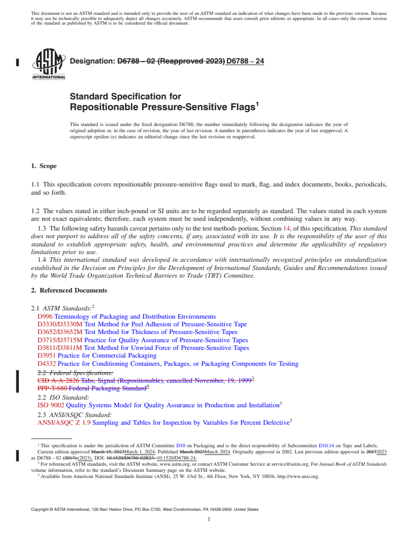 REDLINE ASTM D6788-24 - Standard Specification for  Repositionable Pressure-Sensitive Flags