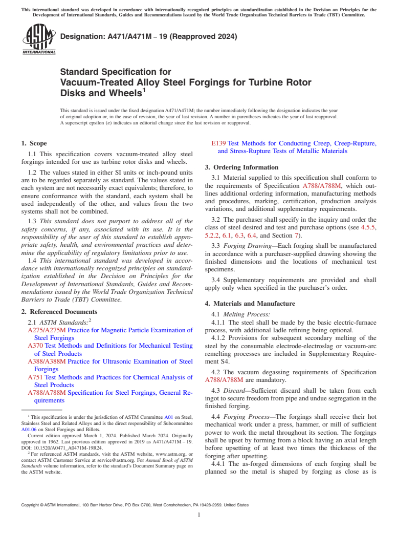 ASTM A471/A471M-19(2024) - Standard Specification for Vacuum-Treated Alloy Steel Forgings for Turbine Rotor Disks  and Wheels