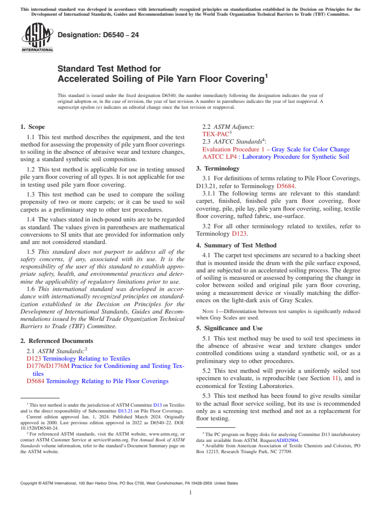 ASTM D6540-24 - Standard Test Method for  Accelerated Soiling of Pile Yarn Floor Covering