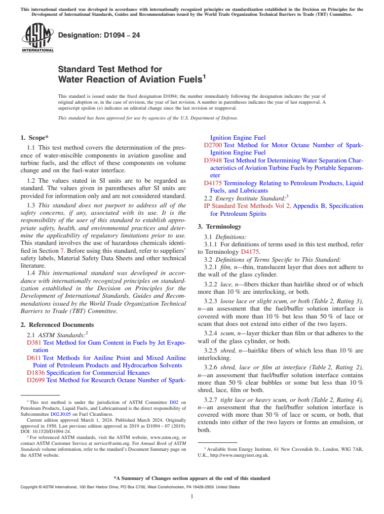 ASTM D1094-24 - Standard Test Method for  Water Reaction of Aviation Fuels