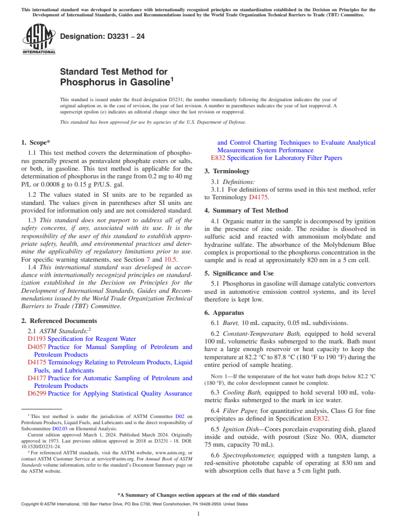 ASTM D3231-24 - Standard Test Method for  Phosphorus in Gasoline