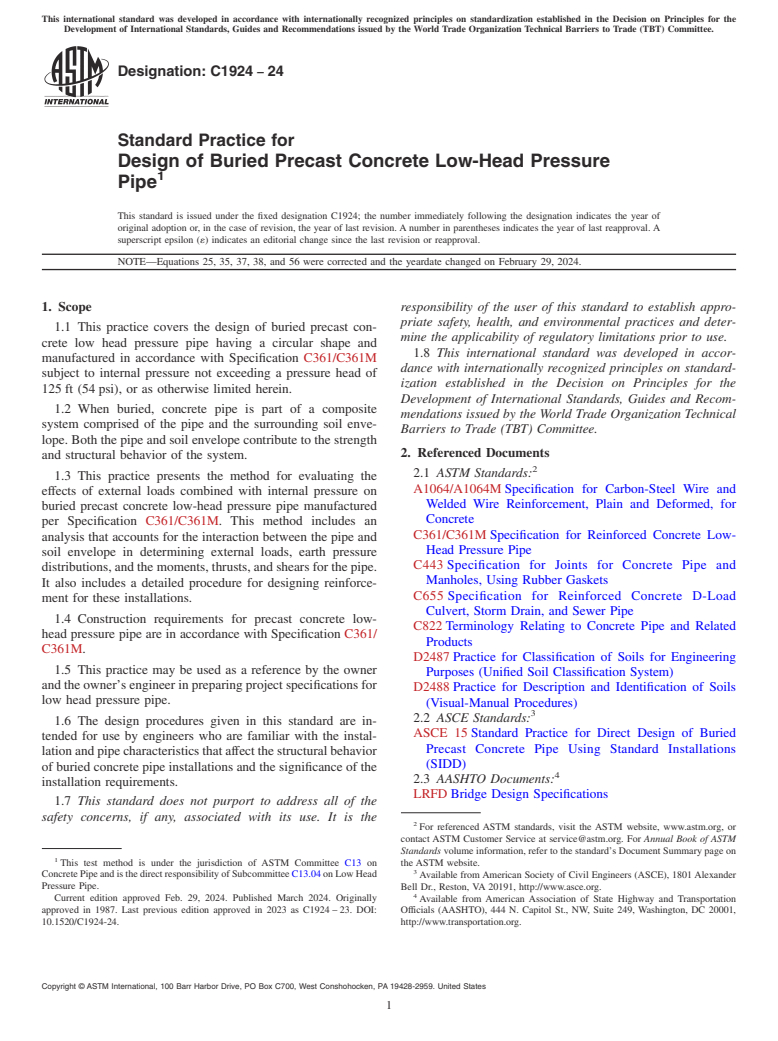 ASTM C1924-24 - Standard Practice for Design of Buried Precast Concrete Low-Head Pressure Pipe