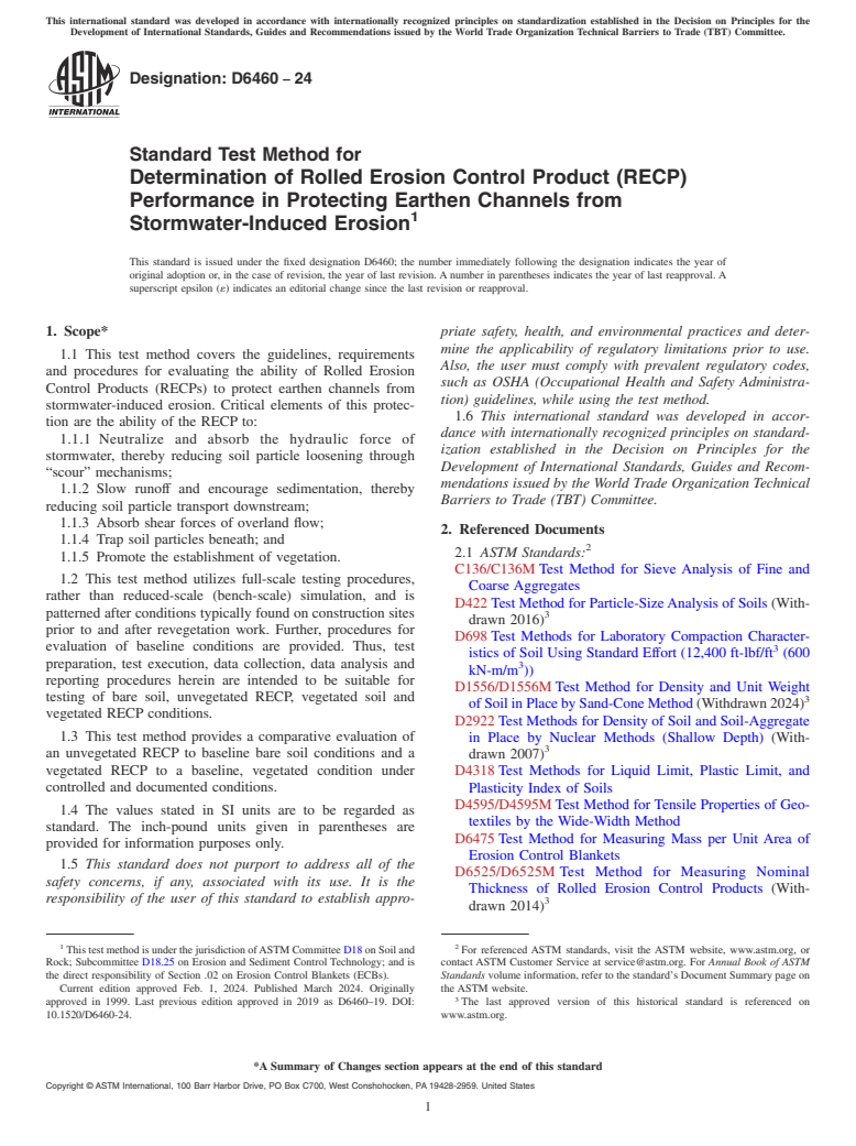 ASTM D6460-24 - Standard Test Method for  Determination of Rolled Erosion Control Product (RECP) Performance   in Protecting Earthen Channels from Stormwater-Induced Erosion