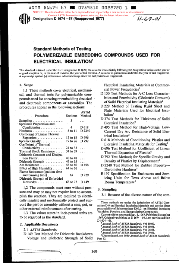 ASTM D1674-67(1977) - Methods of Testing Polymerizable Embedding Compounds Used for Electrical Insulation (Withdrawn 1990)