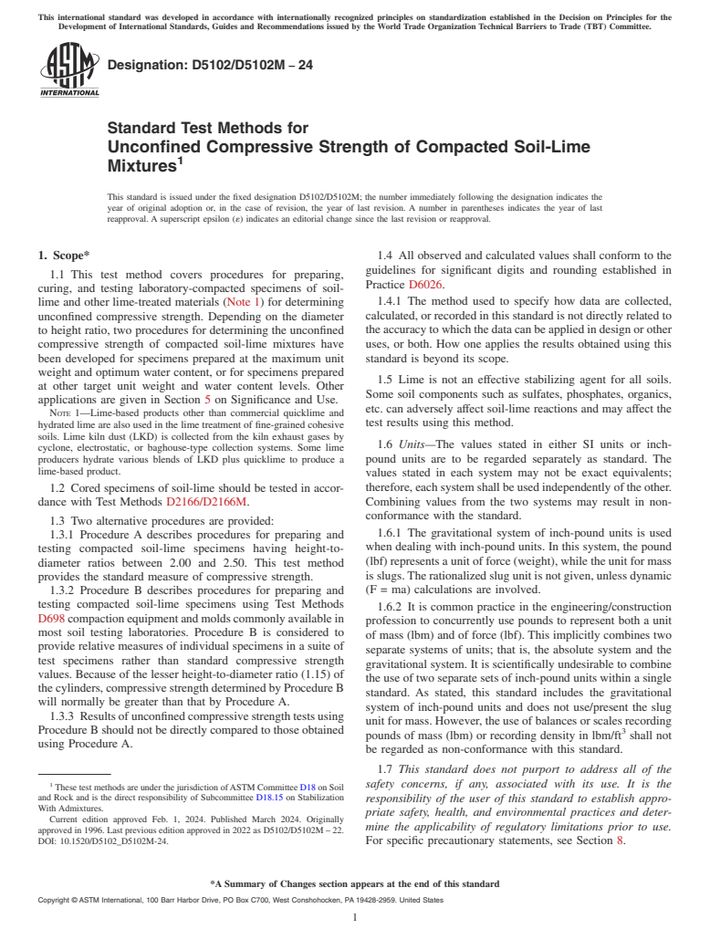 ASTM D5102/D5102M-24 - Standard Test Methods for Unconfined Compressive Strength of Compacted Soil-Lime Mixtures