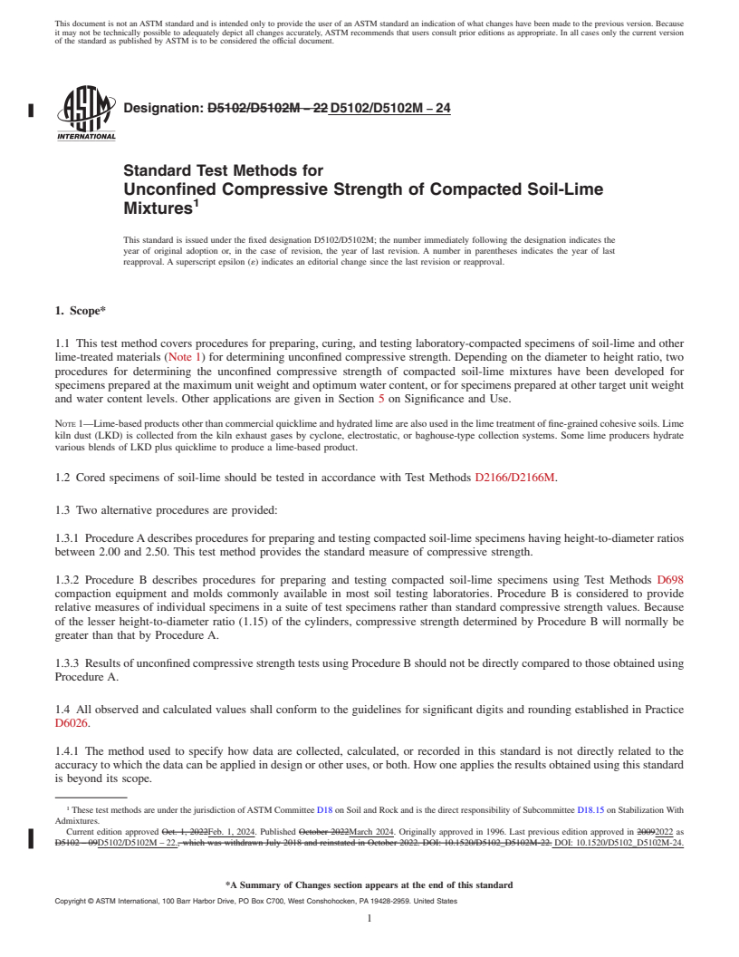 REDLINE ASTM D5102/D5102M-24 - Standard Test Methods for Unconfined Compressive Strength of Compacted Soil-Lime Mixtures