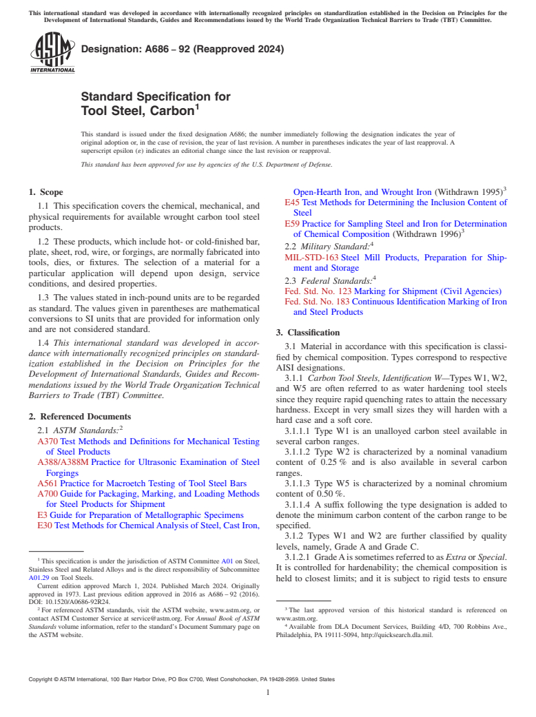 ASTM A686-92(2024) - Standard Specification for Tool Steel, Carbon