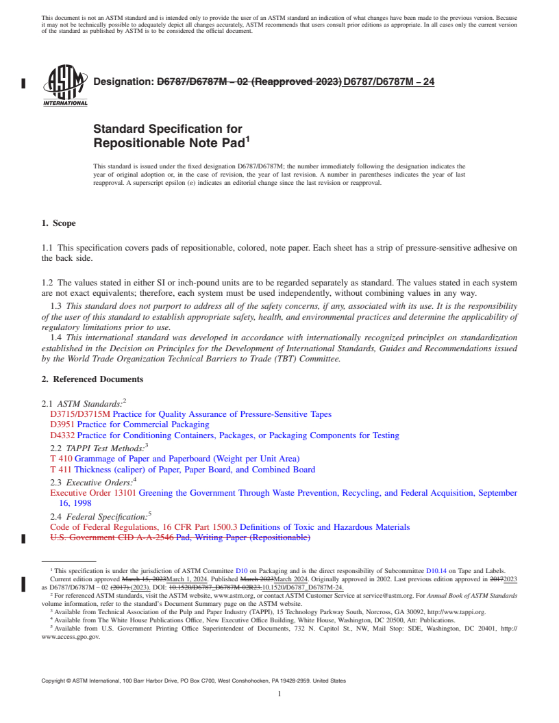 REDLINE ASTM D6787/D6787M-24 - Standard Specification for  Repositionable Note Pad