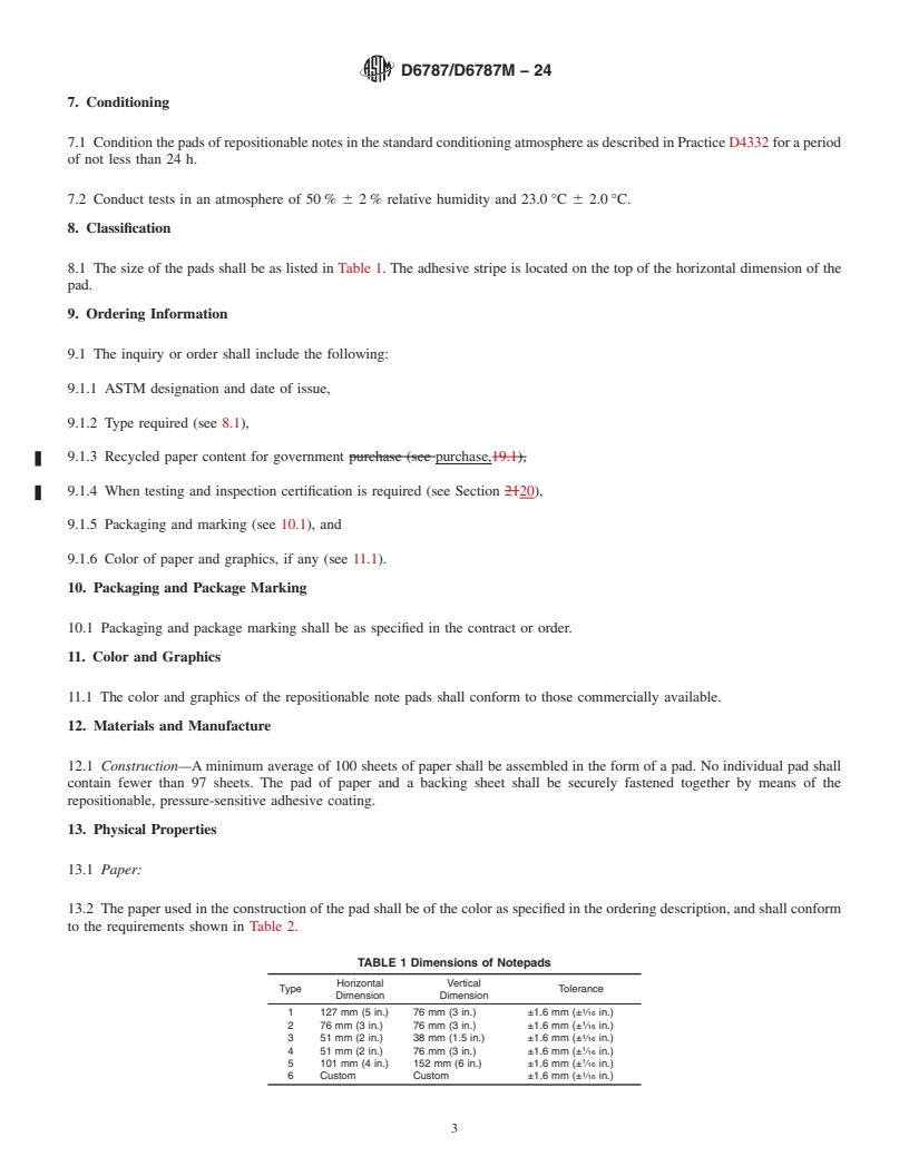 REDLINE ASTM D6787/D6787M-24 - Standard Specification for  Repositionable Note Pad