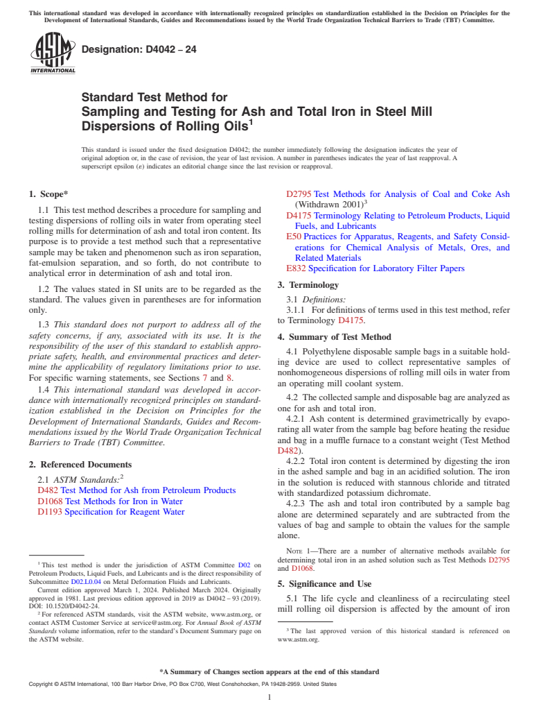 ASTM D4042-24 - Standard Test Method for  Sampling and Testing for Ash and Total Iron in Steel Mill Dispersions   of Rolling Oils