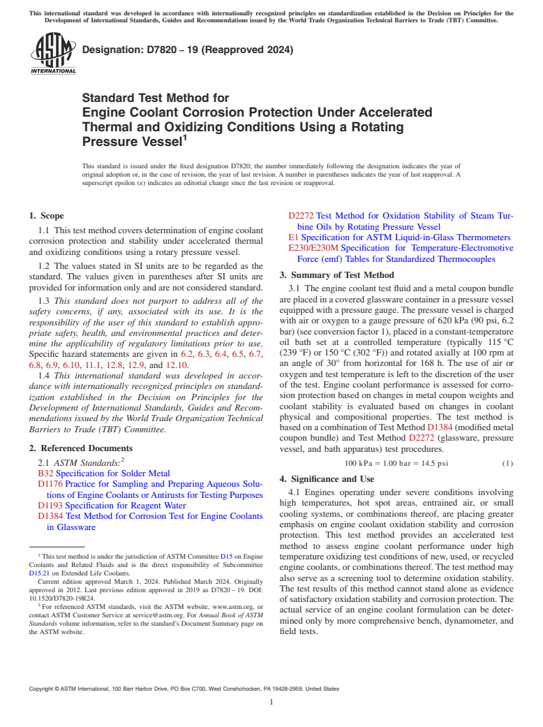 ASTM D7820-19(2024) - Standard Test Method for Engine Coolant Corrosion Protection Under Accelerated Thermal  and Oxidizing Conditions Using a Rotating Pressure Vessel