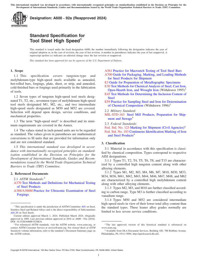 ASTM A600-92a(2024) - Standard Specification for Tool Steel High Speed