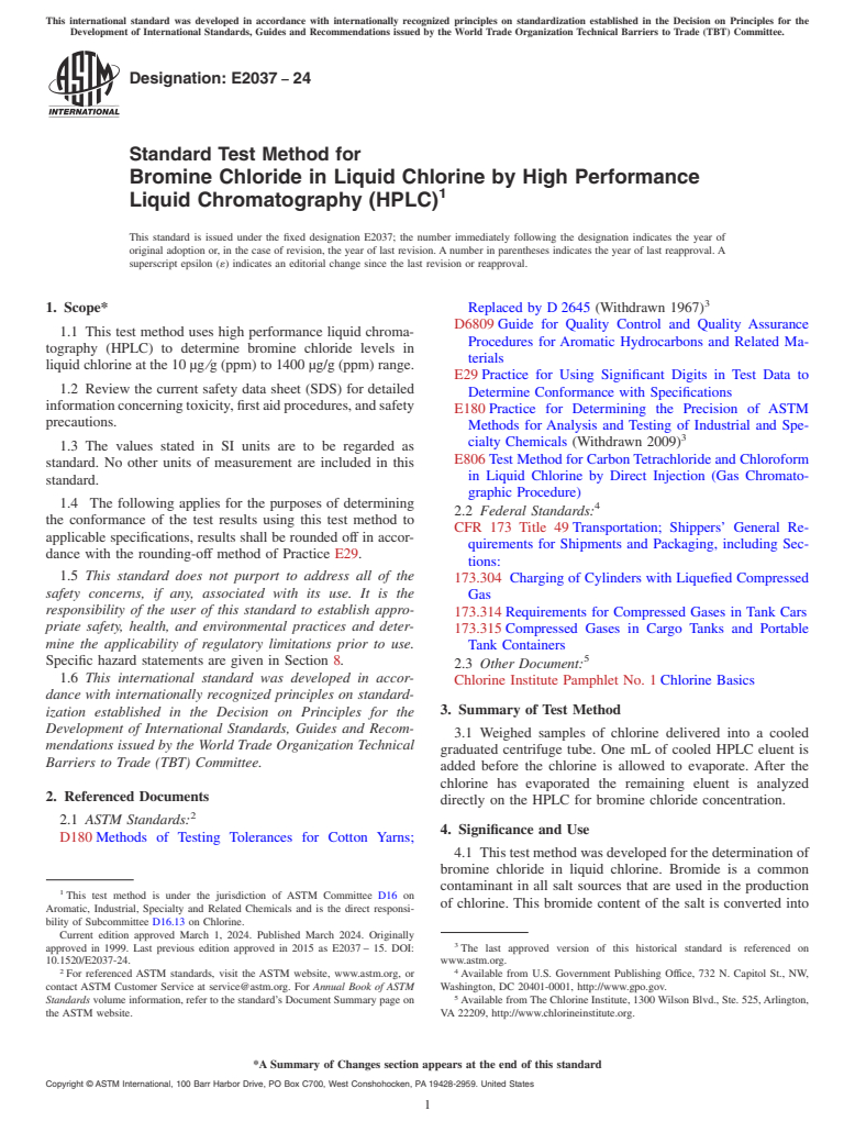 ASTM E2037-24 - Standard Test Method for Bromine Chloride in Liquid Chlorine by High Performance Liquid  Chromatography  (HPLC)