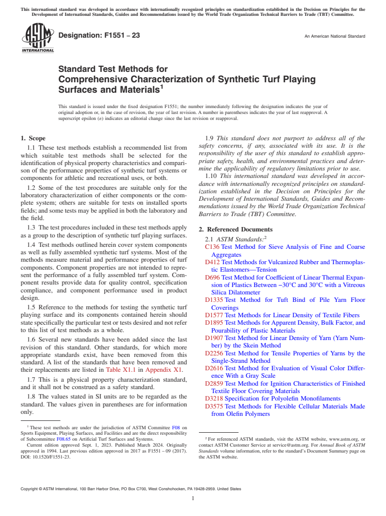 ASTM F1551-23 - Standard Test Methods for Comprehensive Characterization of Synthetic Turf Playing Surfaces  and Materials
