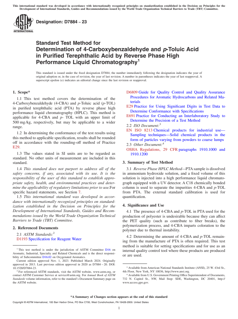 ASTM D7884-23 - Standard Test Method for Determination of 4-Carboxybenzaldehyde and <emph type="bdit"  >p</emph>-Toluic Acid in Purified Terephthalic Acid by Reverse Phase  High Performance Liquid Chromatography