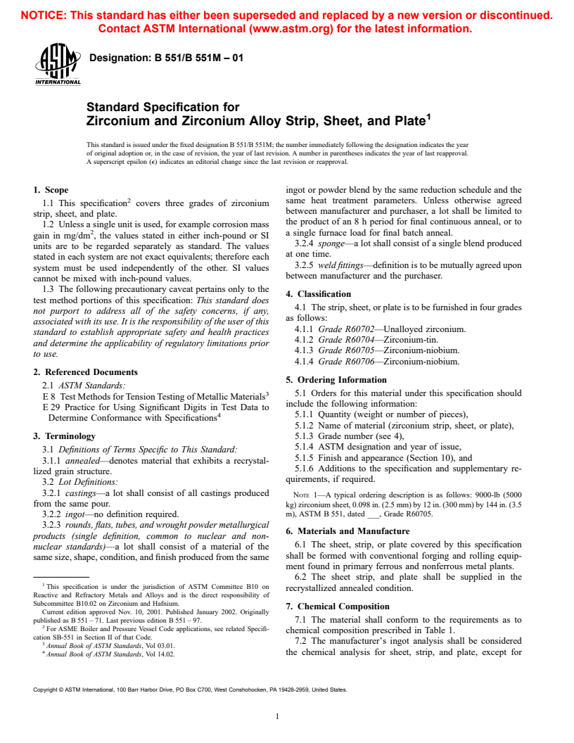 ASTM B551/B551M-01 - Standard Specification for Zirconium and Zirconium Alloy Strip, Sheet, and Plate