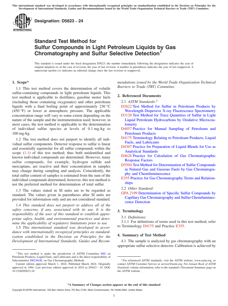 ASTM D5623-24 - Standard Test Method for  Sulfur Compounds in Light Petroleum Liquids by Gas Chromatography  and Sulfur Selective Detection