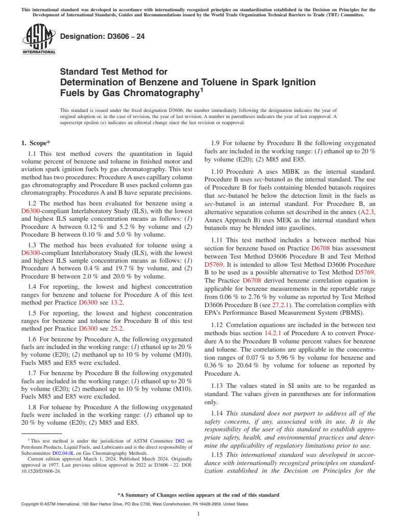 ASTM D3606-24 - Standard Test Method for Determination of Benzene and Toluene in Spark Ignition Fuels  by Gas Chromatography
