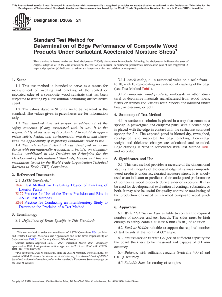 ASTM D2065-24 - Standard Test Method for Determination of Edge Performance of Composite Wood Products   Under  Surfactant Accelerated Moisture Stress