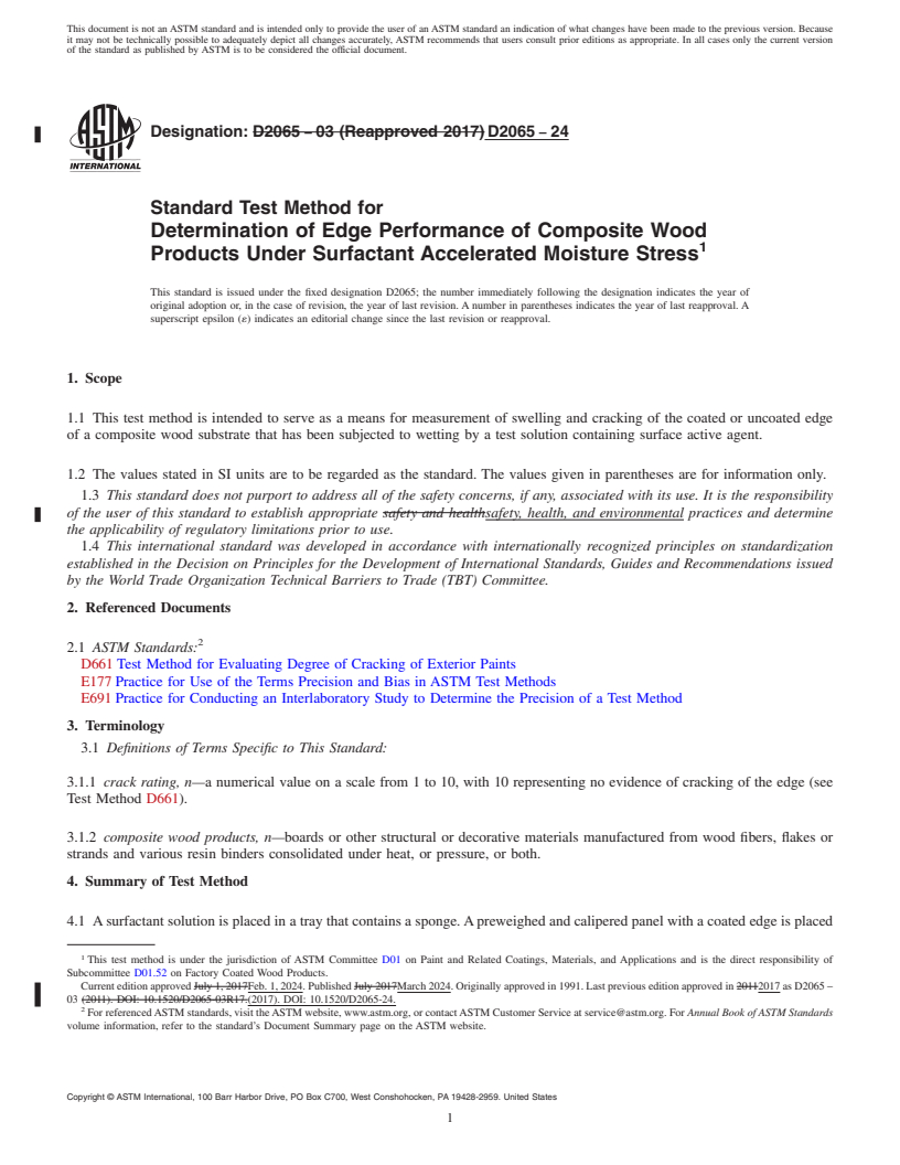 REDLINE ASTM D2065-24 - Standard Test Method for Determination of Edge Performance of Composite Wood Products   Under  Surfactant Accelerated Moisture Stress