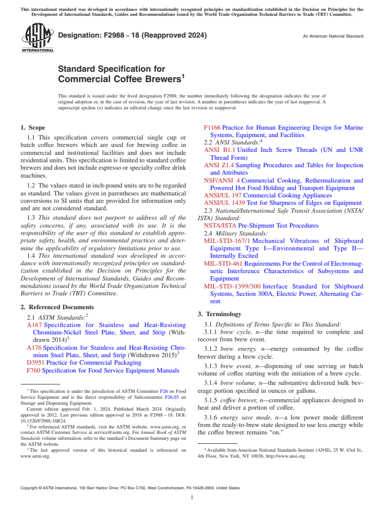 ASTM F2988-18(2024) - Standard Specification for Commercial Coffee Brewers