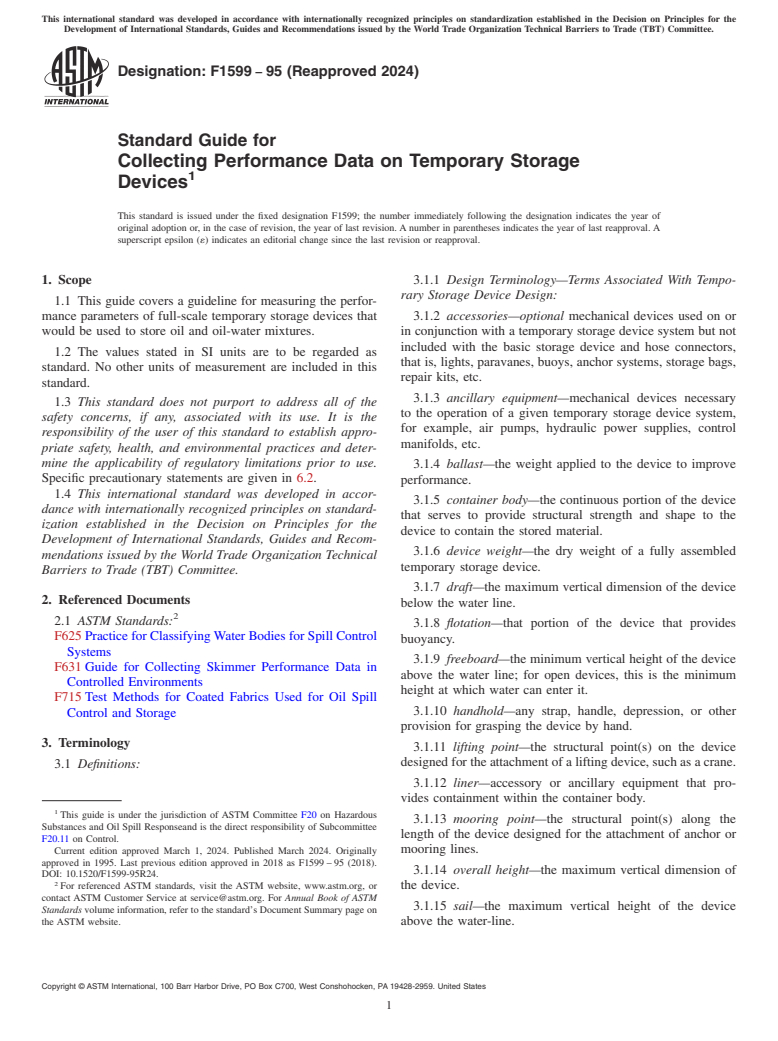 ASTM F1599-95(2024) - Standard Guide for  Collecting Performance Data on Temporary Storage Devices