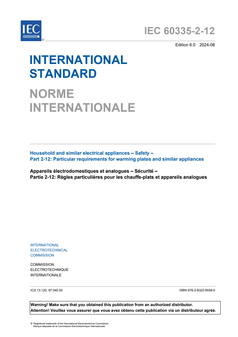 IEC 60335-2-12:2024 - Household and similar electrical appliances - Safety - Part 2-12: Particular requirements for warming plates and similar appliances
Released:23. 08. 2024
Isbn:9782832295595