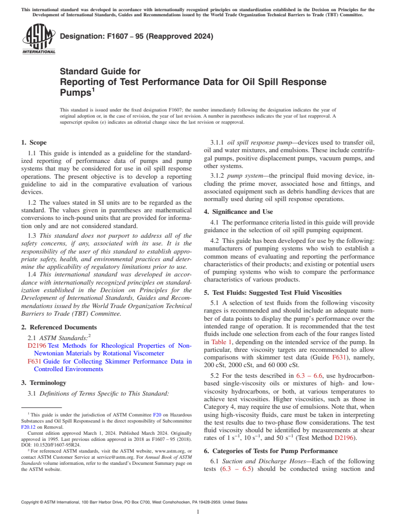 ASTM F1607-95(2024) - Standard Guide for  Reporting of Test Performance Data for Oil Spill Response Pumps