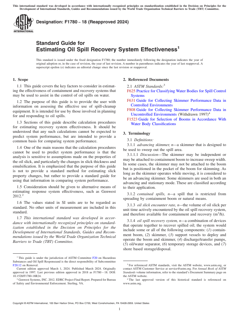 ASTM F1780-18(2024) - Standard Guide for  Estimating Oil Spill Recovery System Effectiveness