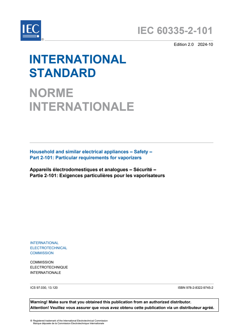 IEC 60335-2-101:2024 - Household and similar electrical appliances - Safety - Part 2-101: Particular requirements for vaporizers
Released:29. 10. 2024
Isbn:9782832297452