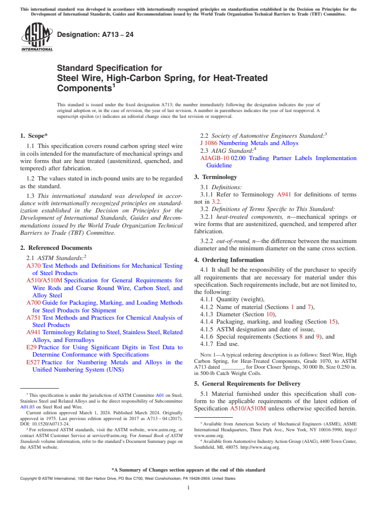 ASTM A713-24 - Standard Specification for  Steel Wire, High-Carbon Spring, for Heat-Treated Components