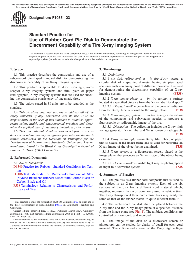 ASTM F1035-23 - Standard Practice for  Use of Rubber-Cord Pie Disk to Demonstrate the Discernment  Capability of a Tire X-ray Imaging System