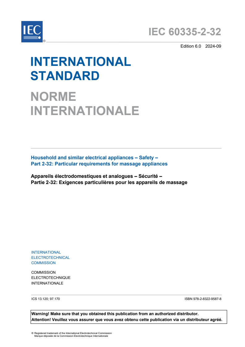 IEC 60335-2-32:2024 - Household and similar electrical appliances - Safety - Part 2-32: Particular requirements for massage appliances
Released:12. 09. 2024
Isbn:9782832295878