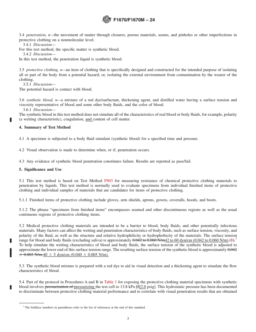 REDLINE ASTM F1670/F1670M-24 - Standard Test Method for  Resistance of Materials Used in Protective Clothing to Penetration  by Synthetic Blood