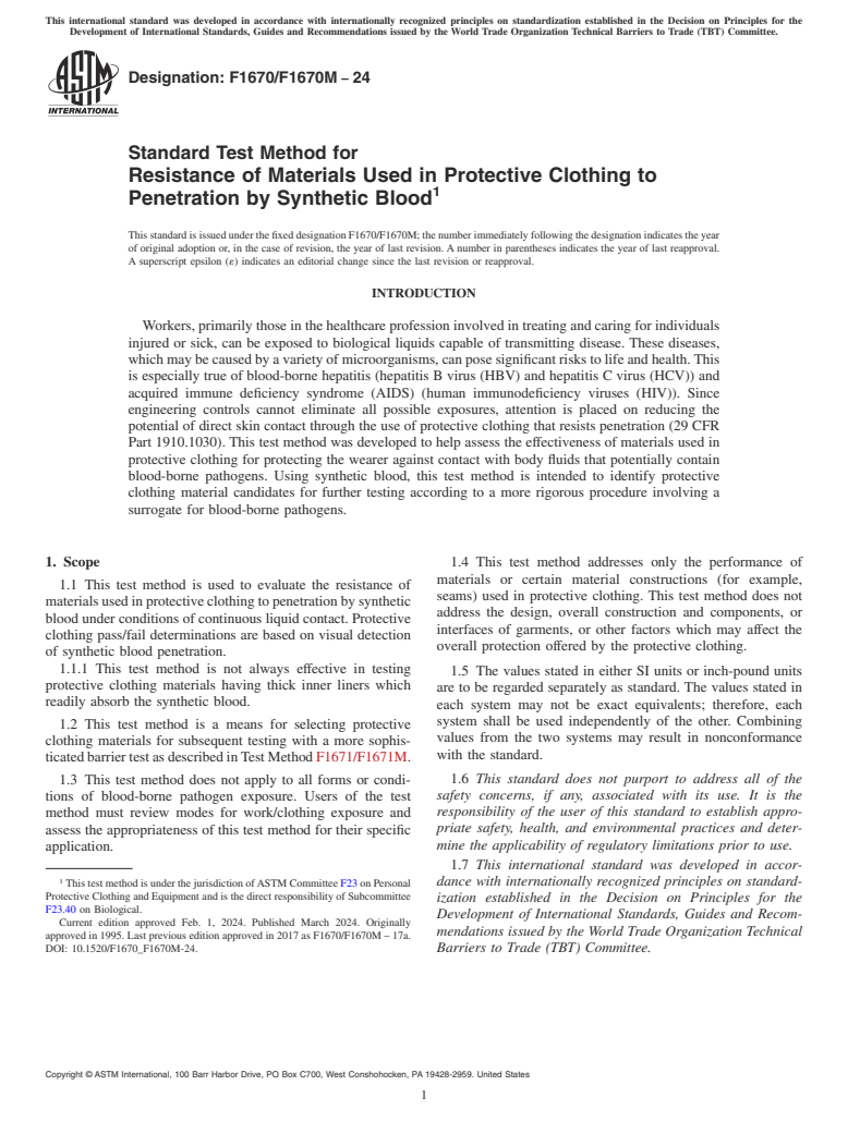 ASTM F1670/F1670M-24 - Standard Test Method for  Resistance of Materials Used in Protective Clothing to Penetration  by Synthetic Blood