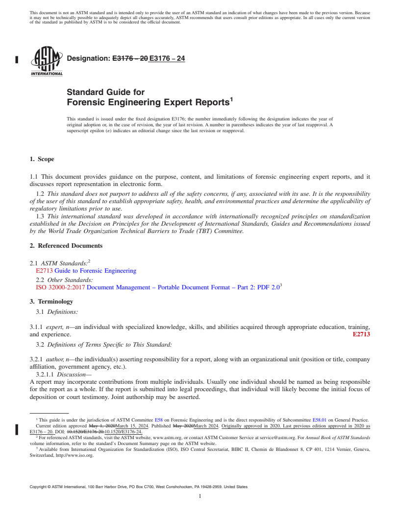 REDLINE ASTM E3176-24 - Standard Guide for Forensic Engineering Expert Reports