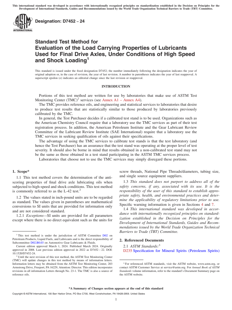 ASTM D7452-24 - Standard Test Method for  Evaluation of the Load Carrying Properties of Lubricants Used  for Final Drive Axles, Under Conditions of High Speed and Shock Loading