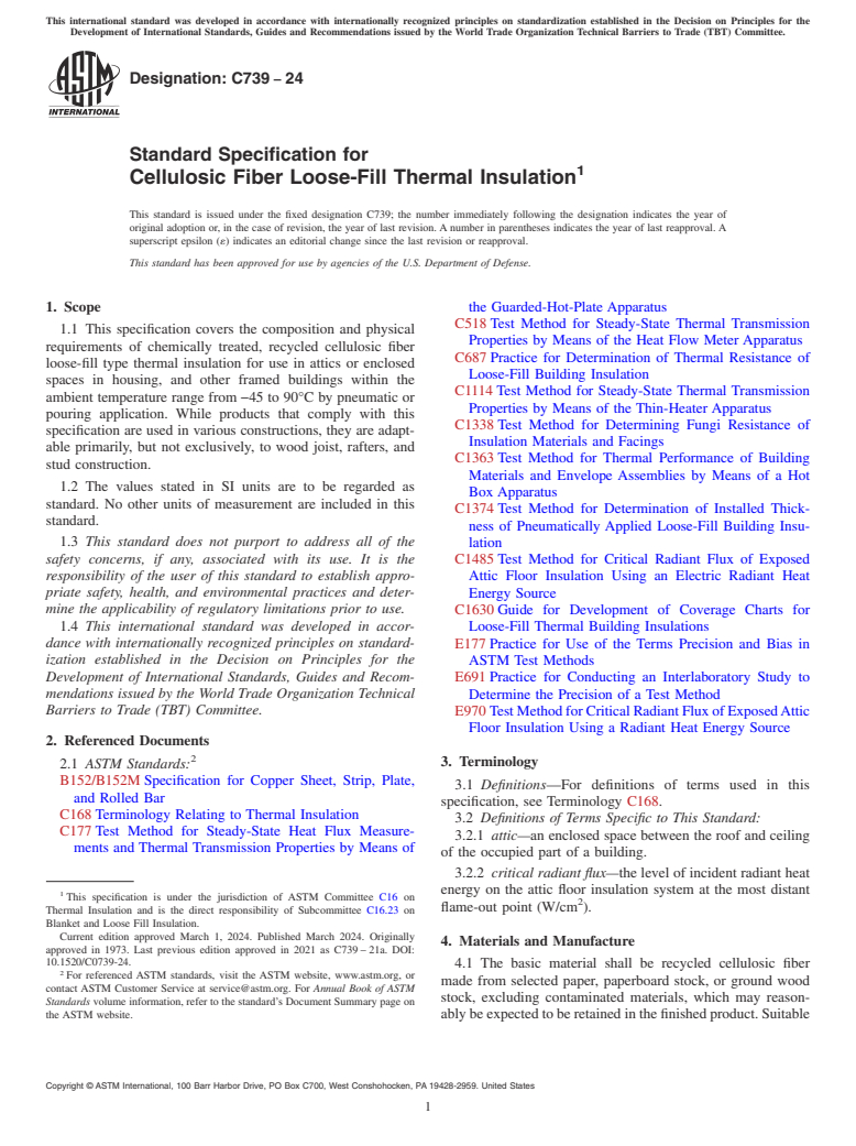 ASTM C739-24 - Standard Specification for Cellulosic Fiber Loose-Fill Thermal Insulation